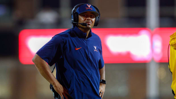 Virginia Cavaliers head coach Tony Elliott looks on during the second quarter against the Maryland Terrapins at SECU Stadium.